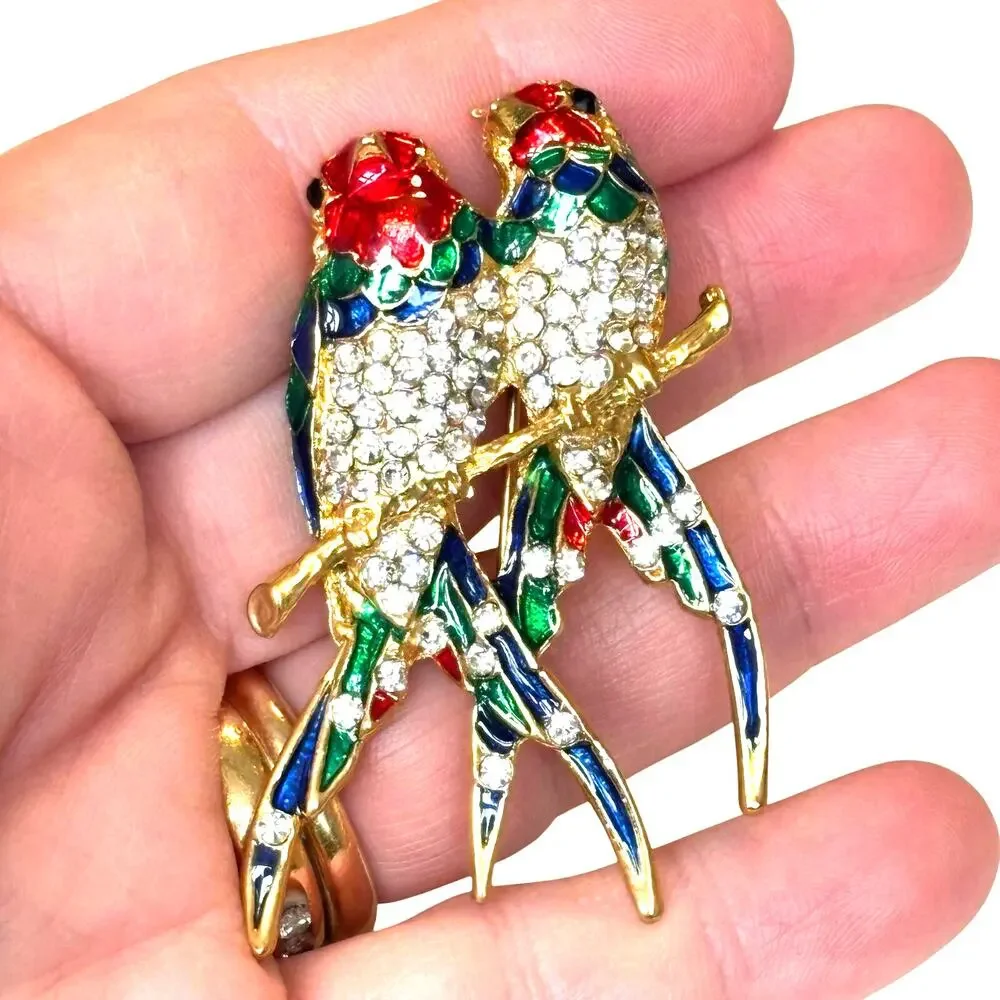 Y2K Statement Lovebirds Parrots brooch gold & colorful rhinestones enamel pin